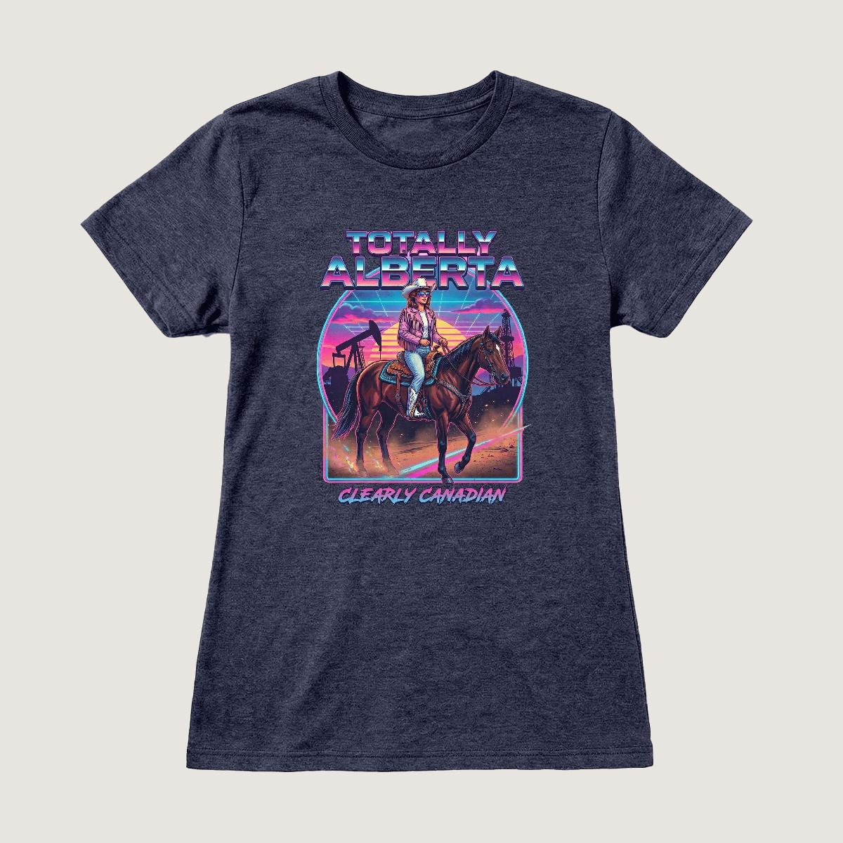 E-Town women's tee — the Edmonton skyline and Walterdale Bridge drawn in one continuous line, on a navy mist semi-fitted tee